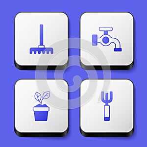 Set Garden rake, Water tap, Plant in pot and pitchfork icon. White square button. Vector