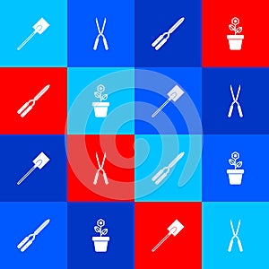 Set Garden shovel, Gardening handmade scissor, and Flower pot icon. Vector