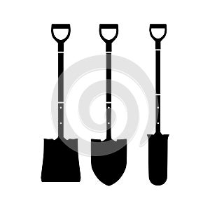 Set garden shovels. Three black silhouettes of shovels for gardening and gardening.