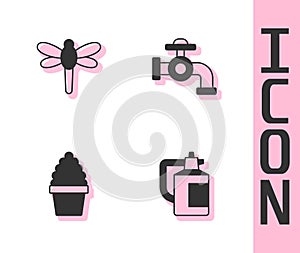 Set Garden sprayer for fertilizer, Dragonfly, Cactus peyote in pot and Water tap icon. Vector