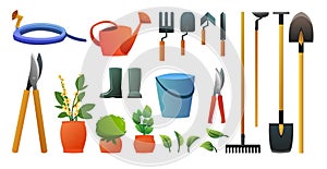 Set of garden tools. Agricultural rural work. Shovels rakes and hoes. Watering can for watering for watering. Flower