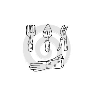 Set of garden tools. Black and white illustration of garden tools and gloves with flowers for gardening on a white background.