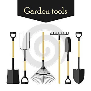 Set garden tools. Colored icons of garden tools. Shovels, rakes and a ripper.