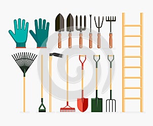 Set of garden tools and gardening items.