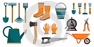 Set of garden tools. Instrument icons for horticulture rake, shovel, watering equipment, scissors, seed, plant, pruner. Collection