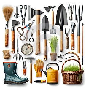 set of garden tools isolated on white background