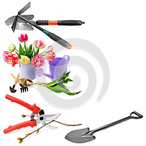 Set of garden tools isolated on white background. Collage. Free