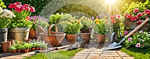 Set of garden tools and pots with plants and beautiful colorful blooming flowers, sunlight coming through, spring garden