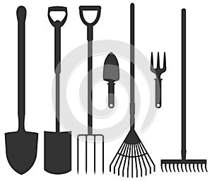 Set of garden tools: spade, rakes, pitchforks, shovels. Vector i