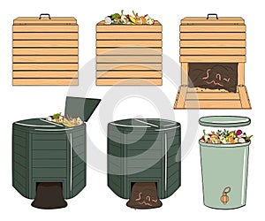 Set of garden wood and plastic composting bins. Garden fertilizer organic with worms. Recycling organic waste. Sustainable living