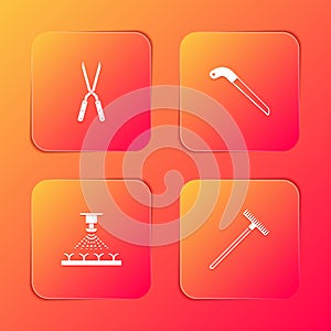 Set Gardening handmade scissor, saw, Automatic irrigation sprinklers and rake icon. Vector