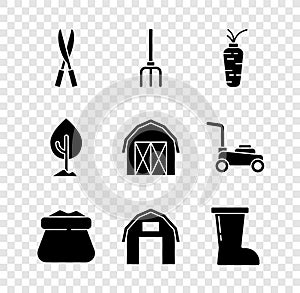 Set Gardening handmade scissors, pitchfork, Carrot, Full sack, Farm house, Waterproof rubber boot, Tree and icon. Vector