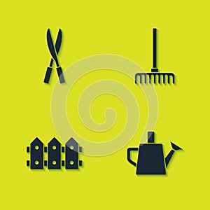 Set Gardening handmade scissors, Watering can, fence wooden and rake icon. Vector