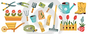 Set of gardening items in hand drawn style. Agricultural and garden tools for spring work. Vector isolated on white.