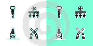 Set Gardening scissors, Bottle opener, Champagne bottle and Drying grapes icon. Vector