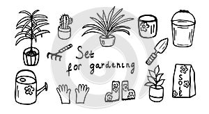 Set of gardening and seeding activities, thin line icons. Contains icons as garden, sprinkler irrigation, outdoor