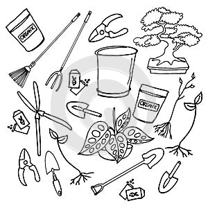 Set of gardening tool icon isolated on white background. gardening activity. hand drawn vector. doodle art for wallpaper, kids, st