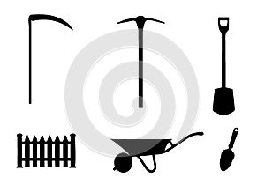 A set of gardening tool silhouette icons isolated on white background. - Vektor