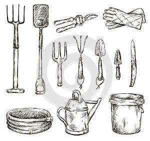 Set of gardening tools drawings, vector illustrations