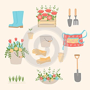 A set of gardening tools, equipment, and clothing.