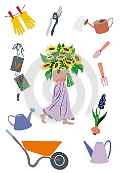 Set of gardening tools with girl holding sun flowers