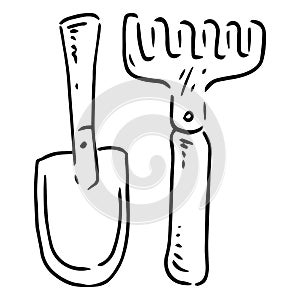 Set of gardening tools icon. Vector illustration of a shovel and rake.