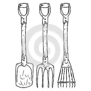 Set of gardening tools icon. Vector illustration of a shovel and rake. Hand drawn