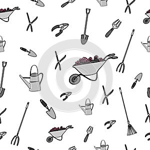Set of gardening tools illustration on white background. seamless pattern, hand drawn vector. hobby icon. doodle art for wallpaper
