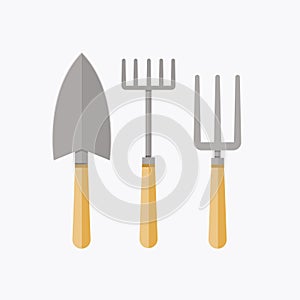 A set of gardening tools. Illustrations for gardening items: a shovel, a rake, a pitchfork.