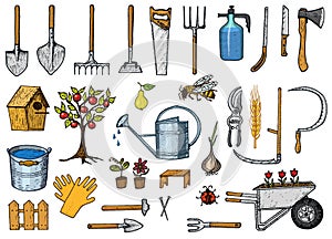 Set of gardening tools or items. hose reel, fork, spade, rake, hoe, trug, cart, lawnmower, elements collection. work