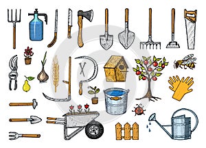 Set of gardening tools or items. hose reel, fork, spade, rake, hoe, trug, cart, lawnmower, elements collection work