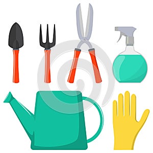 Set of gardening tools. Watering can, spray gun, gloves, pruner, shovel, rake. Vector illustration in flat style.