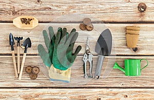 A set of gardening tools on a wooden table.