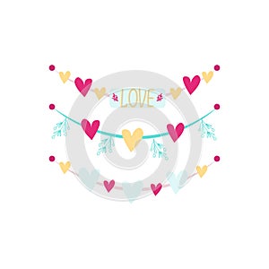 Set of garlands with hearts and leaves. clip-art isolated on white background
