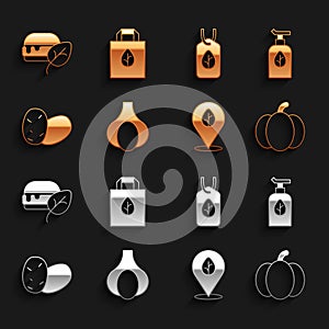 Set Garlic, Organic cosmetic, Pumpkin, Vegan food diet, Potato, and Shopping bag with recycle icon. Vector