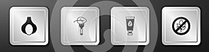 Set Garlic, Vegan food diet, Organic cosmetic and Gluten free grain icon. Silver square button. Vector