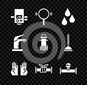 Set Gas boiler, Filter wrench, Water drop, Rubber gloves, Industry metallic pipe, and manometer, tap and filter icon