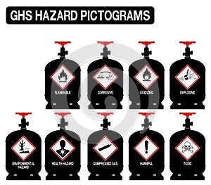 Set of gas cylinder with GHS pictograms icon on transparent background photo