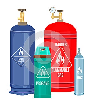Set of gas cylinder tank. Propane bottle icon container. Oxygen gas cylinder canister fuel storage