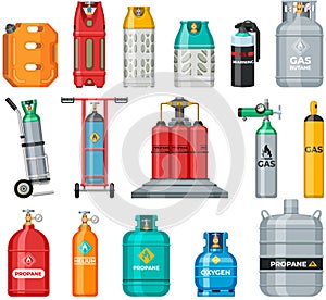 Set of gas cylinders, canisters with fuel, aerosol cans. Containers with helium, oxygen, propane