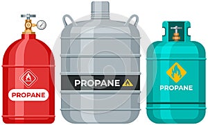Set of gas cylinders, canisters with fuel. Metal tanks, containers with liquefied compressed propane
