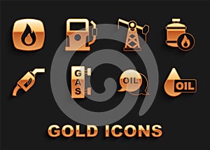 Set Gas filling station, Propane gas tank, Oil drop, Word oil, Gasoline pump nozzle, jack, Fire flame and Petrol icon