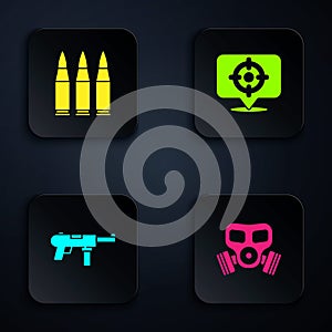 Set Gas mask, Bullet, Submachine gun M3 and Target sport. Black square button. Vector photo