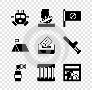 Set Gas mask, Burning car, Protest, Air horn, Prison window, Broken, camp and Vote box icon. Vector
