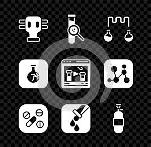 Set Gas mask, Test tube and flask, Medicine pill or tablet, Propane gas tank, Cracked and Chemical online icon. Vector