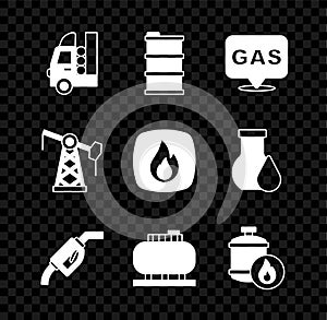 Set Gas tank for vehicle, Barrel oil, Location and gas station, Gasoline pump nozzle, Oil storage, Propane, jack and