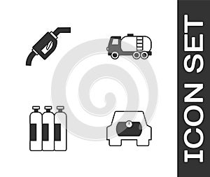 Set Gas tank for vehicle, Gasoline pump nozzle, Industrial gas cylinder and Tanker truck icon. Vector