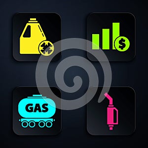 Set Gasoline pump nozzle, Antifreeze canister, Gas railway cistern and Pie chart infographic and dollar. Black square