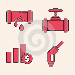 Set Gasoline pump nozzle, Broken metal pipe with leaking water, Industry metallic pipes and valve and Pie chart