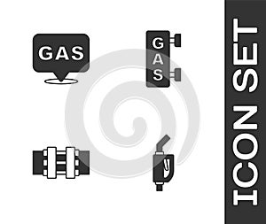 Set Gasoline pump nozzle, Location and gas station, Metallic pipes valve and filling icon. Vector